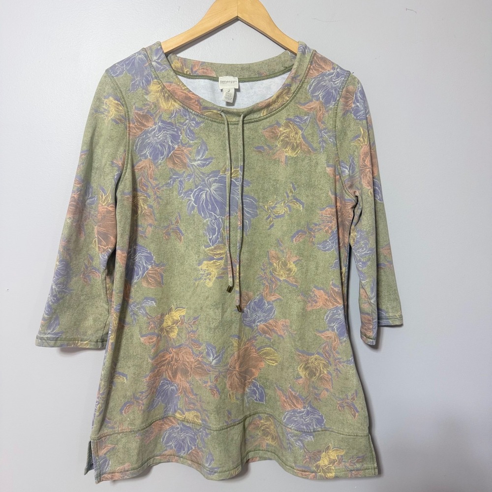 Zenergy Chico's Floral Sweatshirt Womens 2 L Green 3/4 Sleeve French Terry Top